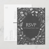 チャコールグレー & シルバー 花柄 ウェディング RSVP カード (正面/裏面)
