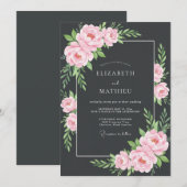 チャコールグレー+ソフトピンクの葉っぱの結婚式 招待状 (正面/裏面)
