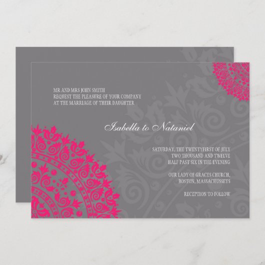 チャコールグレー&ホットピンクダマスクウェディング招待状 招待状 (正面/裏面)