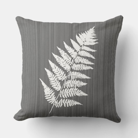 チャコールグレー/灰色で白いシダの葉状体 クッション (正面)