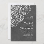 チャコールグレー、白いラインアートのケシの花 招待状 (正面)