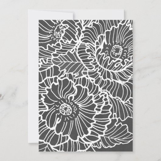 チャコールグレー、白いラインアートのケシの花 招待状 (裏面)