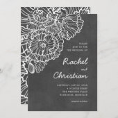 チャコールグレー、白いラインアートのケシの花 招待状 (正面/裏面)