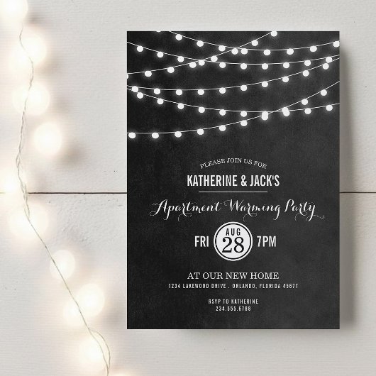 チャコールストリングライツアパートメントウォーミングパーティー 招待状