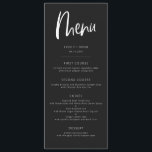 チャコールブラックモダンミニマル結婚リスト メニュー<br><div class="desc">ボホモダンス結婚クリプトフォントを搭載したミニマルなディナーのメニューカード。背景色は木炭で白い文字。</div>