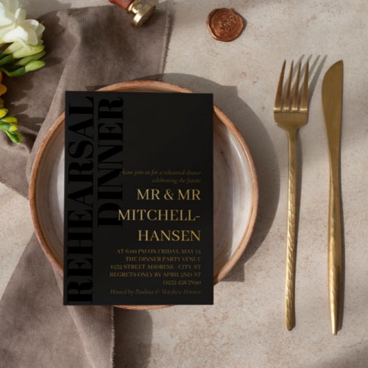 チャコールブラック&金ゴールドタイポグラフィリハーサルディナー 箔招待状