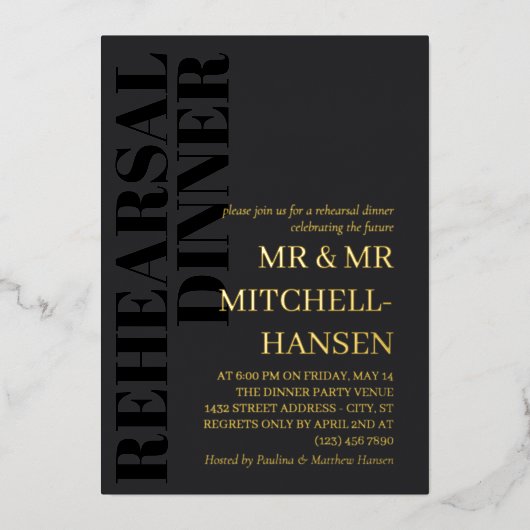 チャコールブラック&金ゴールドタイポグラフィリハーサルディナー 箔招待状 (正面)