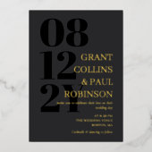 チャコールブラック&金ゴールドタイポグラフィ結婚ズ 箔招待状 (正面)