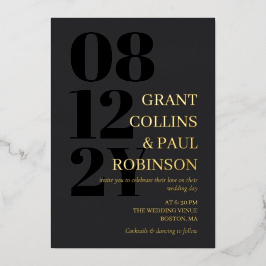 チャコールブラック&金ゴールドタイポグラフィ結婚ズ 箔招待状 (正面)