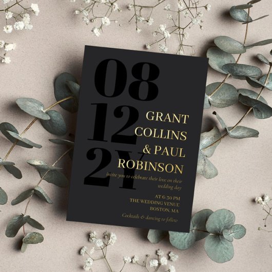 チャコールブラック&金ゴールドタイポグラフィ結婚ズ 箔招待状