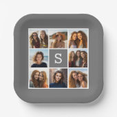 チャコールホワイト8フォトコラージュカスタムモノグラム ペーパープレート (正面)
