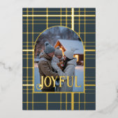 チャコール&ゴールドのギンガムチェックのクリスマスホリデーフォト 箔シーズンカード (正面)