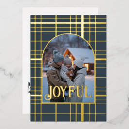 チャコール＆ゴールドのギンガムチェックのクリスマスホリデーフォト 箔シーズンカード