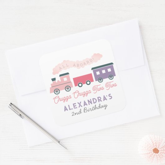チャッガチャッガ2列車ピンクの女の子2歳の誕生日 スクエアシール (封筒)