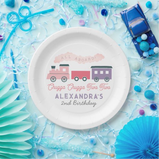 チャッガチャッガ2列車ピンクの女の子2歳の誕生日 ペーパープレート (パーティー)