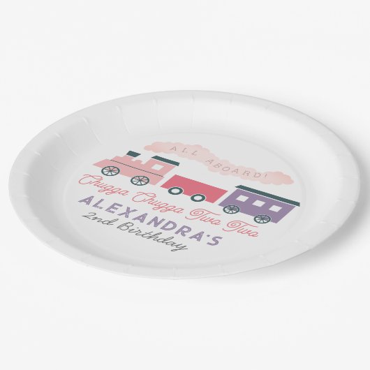 チャッガチャッガ2列車ピンクの女の子2歳の誕生日 ペーパープレート (アングル)