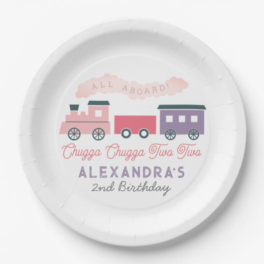 チャッガチャッガ2列車ピンクの女の子2歳の誕生日 ペーパープレート (正面)