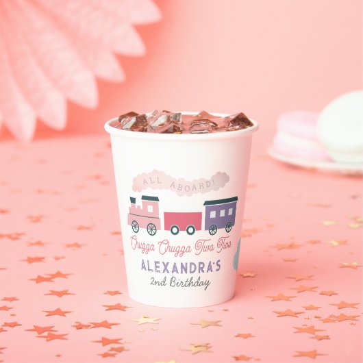 チャッガチャッガ2列車ピンクの女の子2歳の誕生日 紙コップ (インサイチュ)