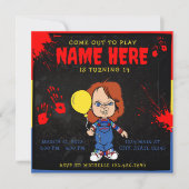 チャッキー人形ブルーレッドイエロー血 招待状 (正面)