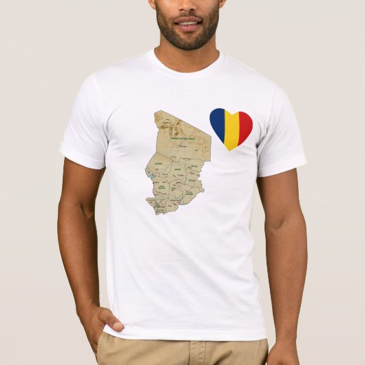 チャド国旗のハートと地図Tシャツ Tシャツ (正面)
