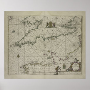 チャネル1666年の旧式な地図(色の版木、銅版、版画) ポスター