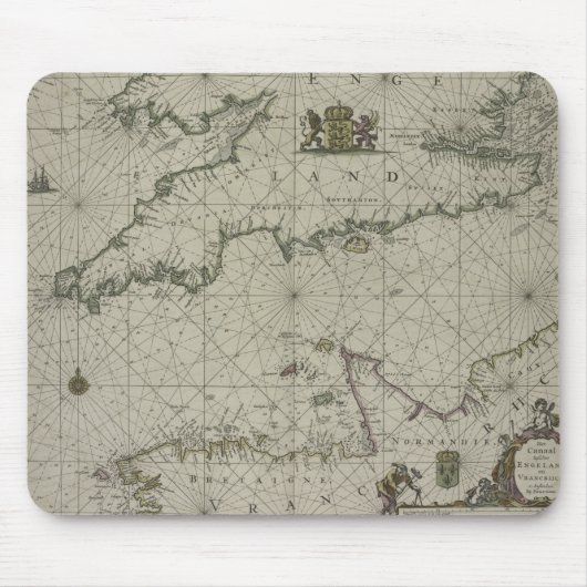 チャネル1666年の旧式な地図(色の版木、銅版、版画) マウスパッド (正面)