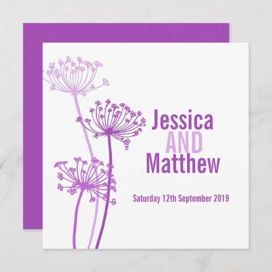 チャビルモダンフラワーパープルピンクの結婚式の招待 招待状 (正面/裏面)