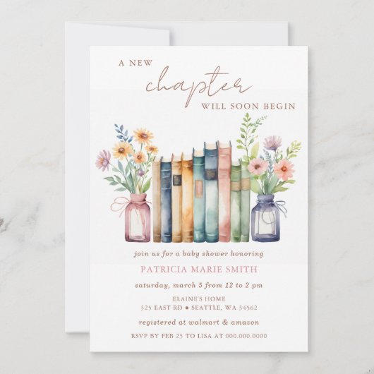 チャプター物語の新しい男女兼用ブックベビーシャワー 招待状 (正面)