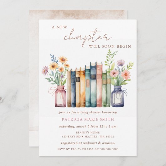 チャプター物語の新しい男女兼用ブックベビーシャワー 招待状 (正面/裏面)