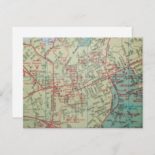チャペルヒルカーボロNCヴィンテージマップ葉書 ポストカード (正面/裏面)