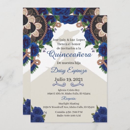 チャラキンセアニェラ招待状ブルー王室のマリアチ 招待状 (正面/裏面)