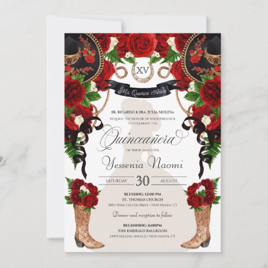 チャラキンセアノスウエスタンレッドローゼズブラックマリアチ 招待状 (正面)