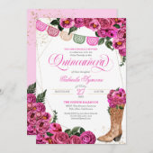 チャラ素朴女性のカーボーイピンクローズキンセアニラインビータ 招待状 (正面/裏面)