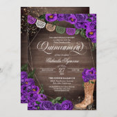 チャラ素朴女性のカーボーイブートパープルバラキンセアニラ 招待状 (正面/裏面)