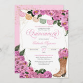 チャラ赤面ピンクローズ女性のカーボーイブーツキンセアニラ 招待状 (正面/裏面)