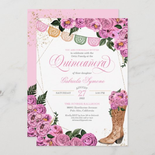 チャラ赤面ピンクローズ女性のカーボーイブーツキンセアニラ 招待状 (正面/裏面)