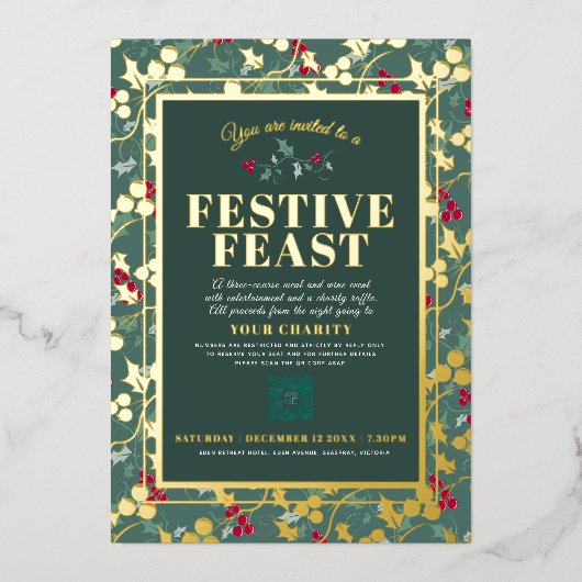 チャリティフェスティバル饗宴グリーン金ゴールドベリーのクリスマス 箔招待状 (正面)