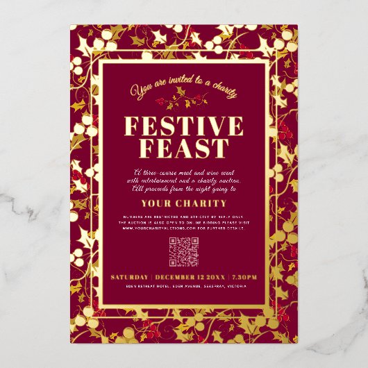 チャリティフェスティバル饗宴レッド金ゴールドベリーのクリスマス 箔招待状 (正面)