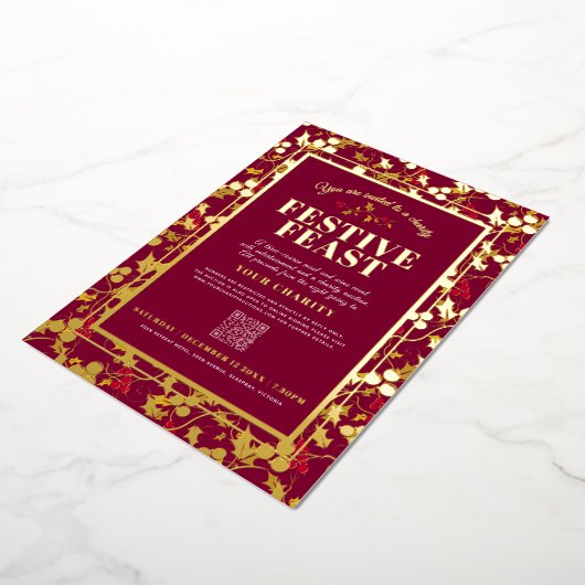 チャリティフェスティバル饗宴レッド金ゴールドベリーのクリスマス 箔招待状 (回転した状態)