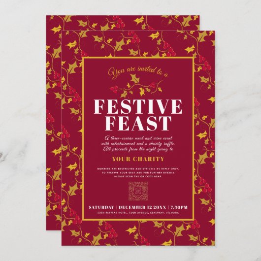 チャリティフェスティバル饗宴金ゴールド赤クリスマスディナー 招待状 (正面/裏面)