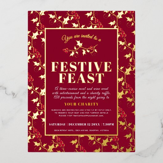 チャリティフェスティバル饗宴金ゴールド赤クリスマスディナー 箔シーズンポストカード (正面)