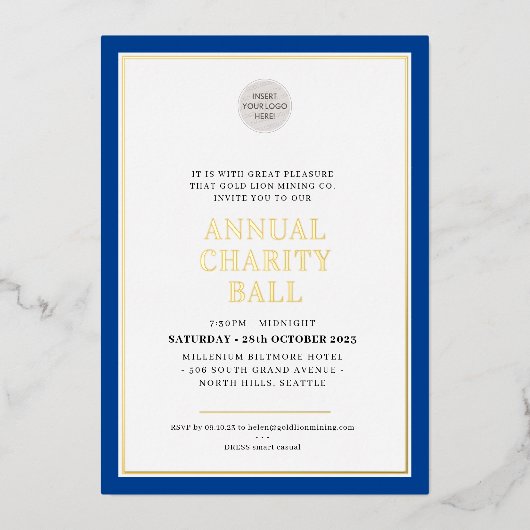 チャリティボーモダンルエレガントロゴ王室のの青金ゴールド 箔招待状 (正面)