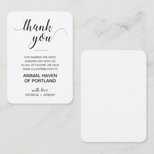 チャリティ素朴ー寄贈お礼を申し上結婚げる プレイスカード (正面/裏面)