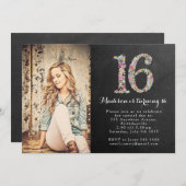 チャルクボードガールズフローラ第16回誕生日パーティー招待状 招待状 (正面/裏面)