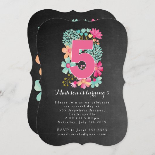 チャルクボードガールズフローラ5thバースデーパーティ招待状 招待状 (正面/裏面)