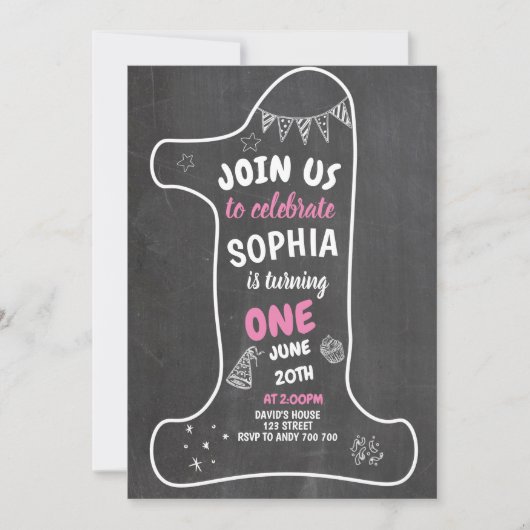 チャルクボードガール1歳の誕生日チョーク1 招待状 (正面)