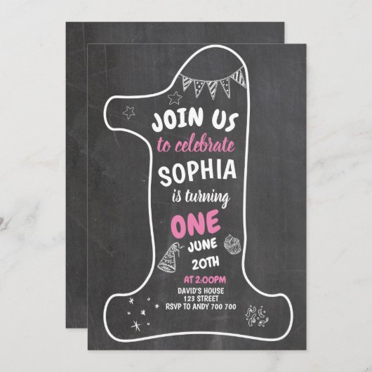 チャルクボードガール1歳の誕生日チョーク1 招待状 (正面/裏面)