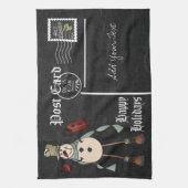 チャルクボードスタイルブルー雪だるまはがきデザイン キッチンタオル (縦)