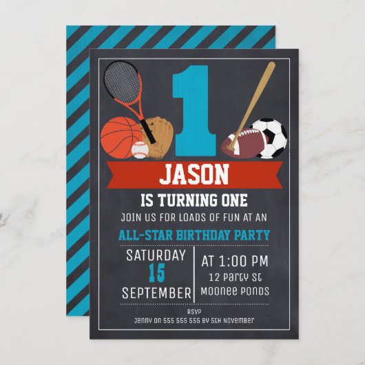 チャルクボードスポーツ1歳誕生日パーティの招待状 招待状 (正面/裏面)