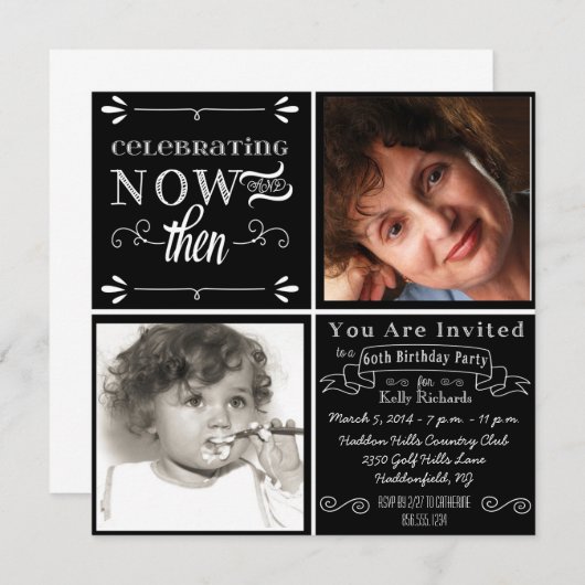 チャルクボードスワール第60誕生日フォト招待状 招待状 (正面/裏面)